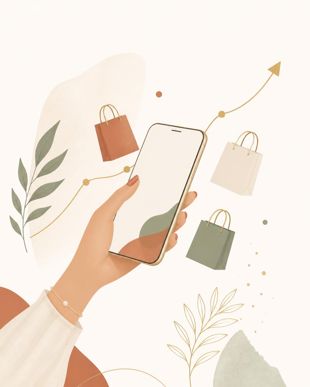 Mão a segurar um telemóvel com sacolas de compras e um gráfico de crescimento